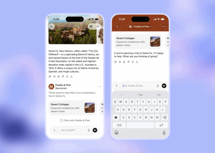 Interface de ChatGPT affichant une publicité contextuelle dans une conversation en français