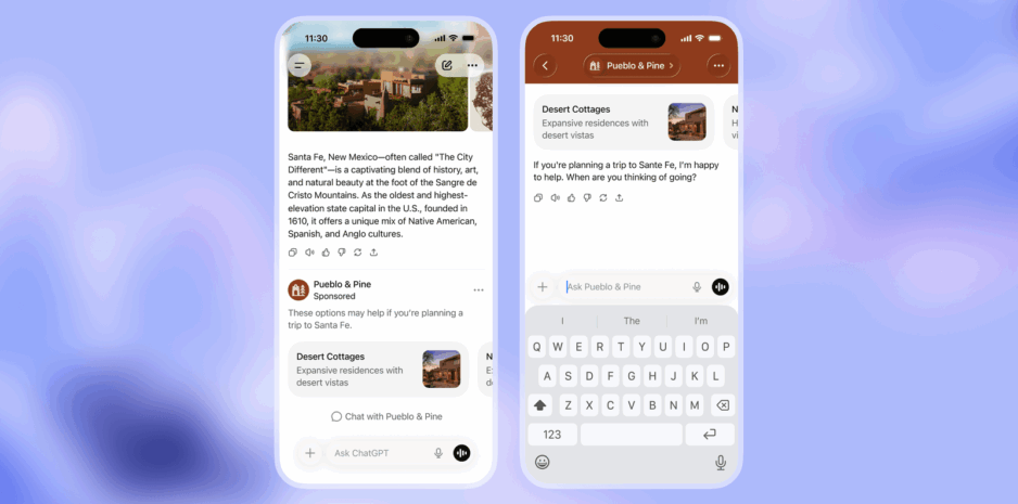 Interface de ChatGPT affichant une publicité contextuelle dans une conversation en français
