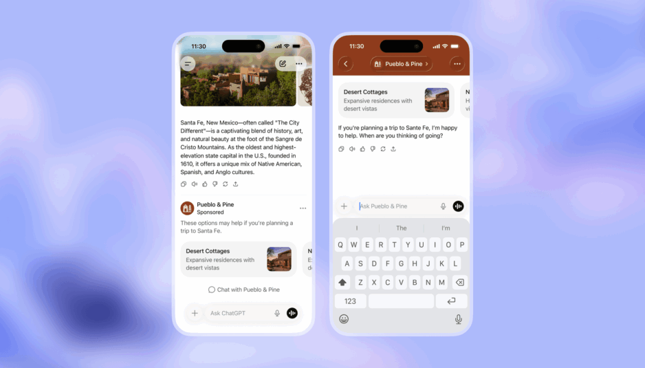 Interface de ChatGPT affichant une publicité contextuelle dans une conversation en français