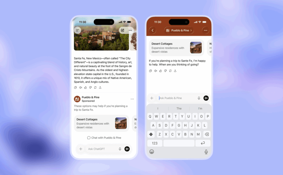 Interface de ChatGPT affichant une publicité contextuelle dans une conversation en français